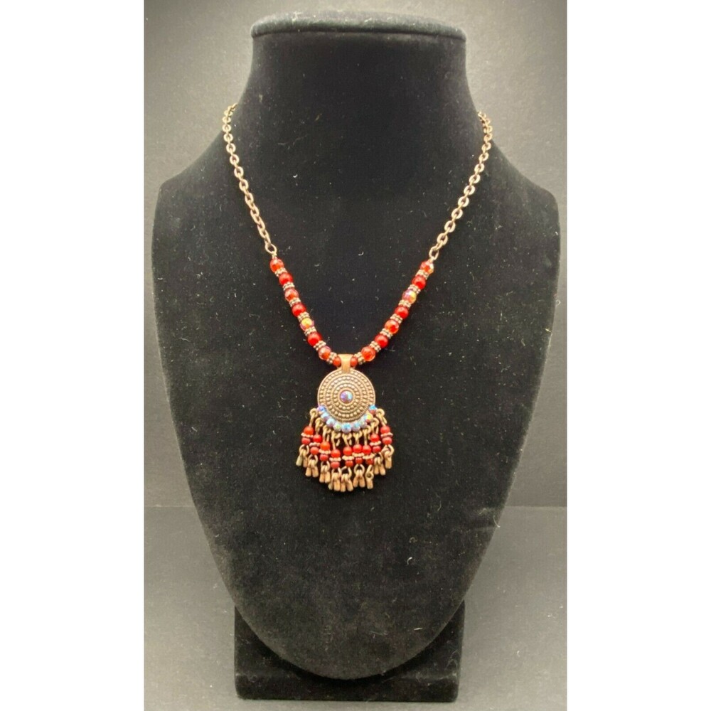 Vintage Aged Copper Tone Chandelier With Rhinestones & Red Glass Bead Necklace